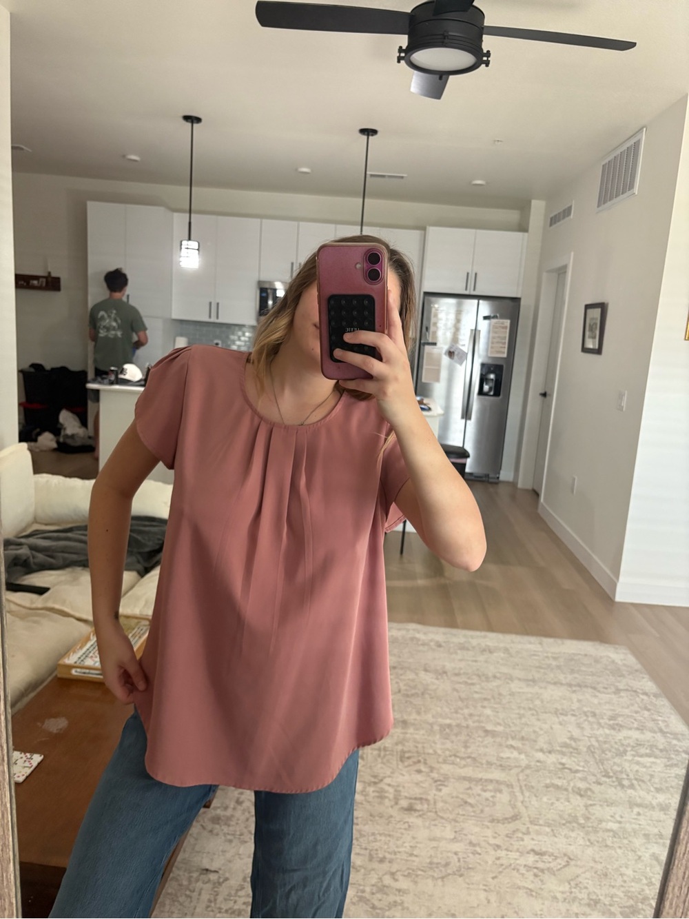 Pleated Short-Sleeve Blouse in Dusty Rose